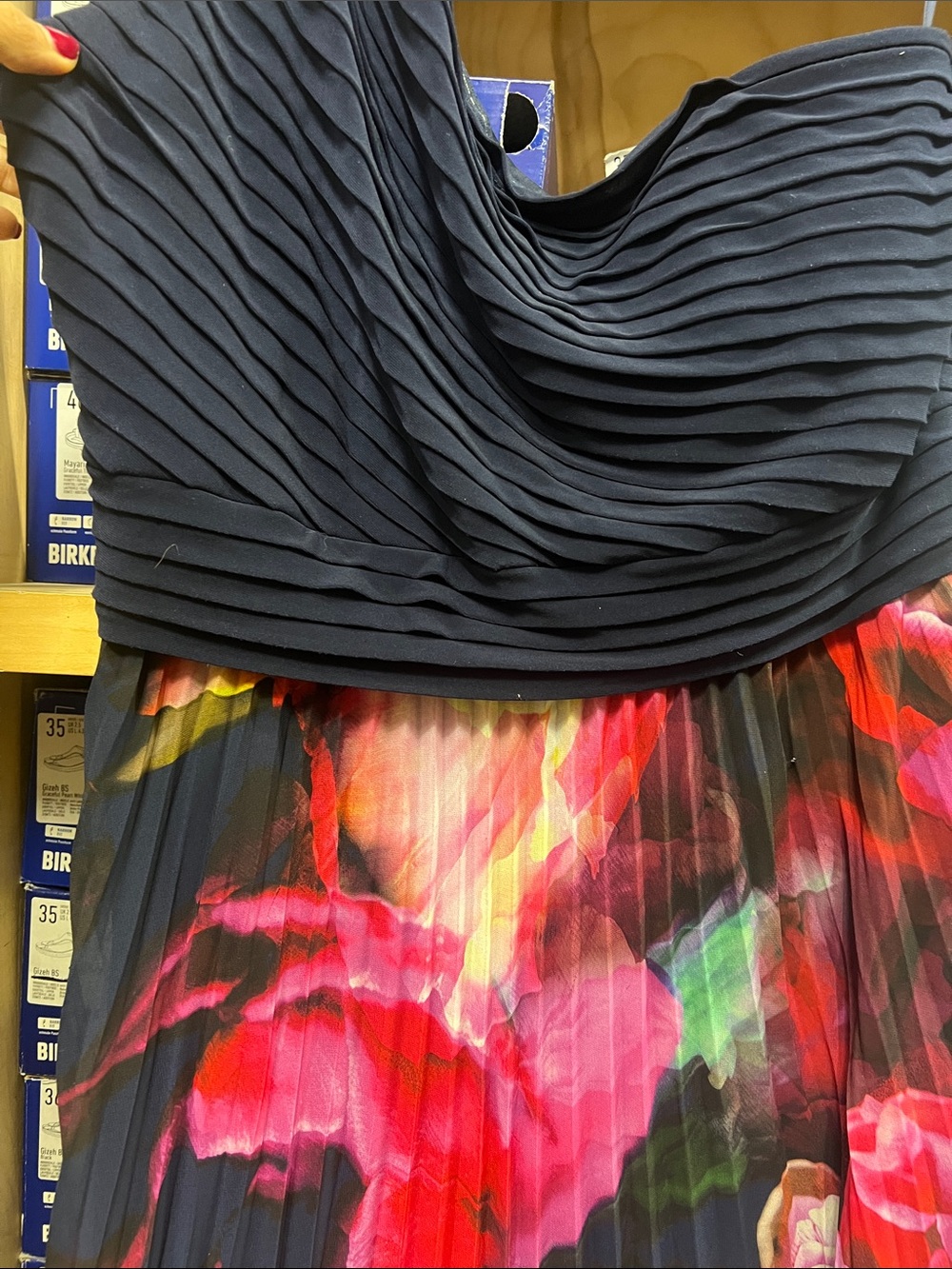 Xscape One-Shoulder Navy Bodice with Vibrant Floral Maxi Skirt - Picture 3 of 5